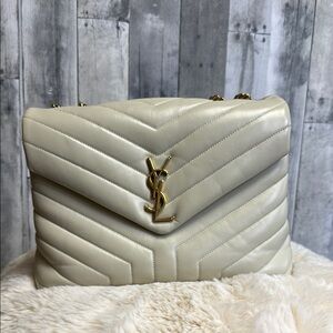 Yves Saint Laurent M Loulou Cream Quilted Shoulder Bag with Gold Logo